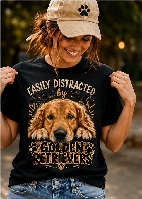 Easily Distracted by Golden Retrievers T-Shirt – Funny Golden Retriever Lover T Shirt